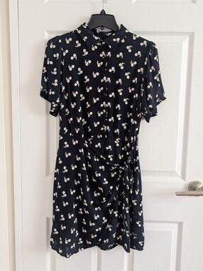 FRNCH Paris Cherry Print Faux Wrap Mini Dress Blue 100% Viscose Retro Chic L